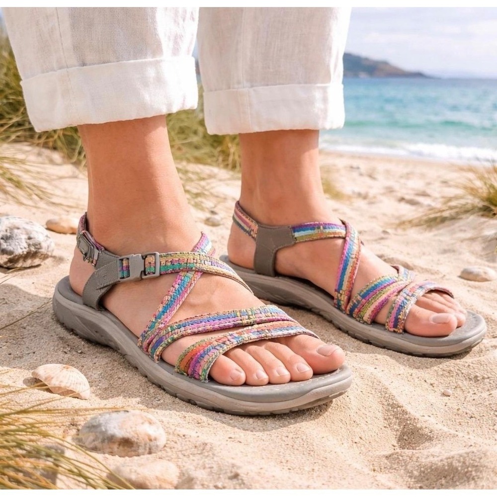 Skechers Women's Reggae-Sew Me Taupe Woven Strappy Slingback Sandal size 11 M US